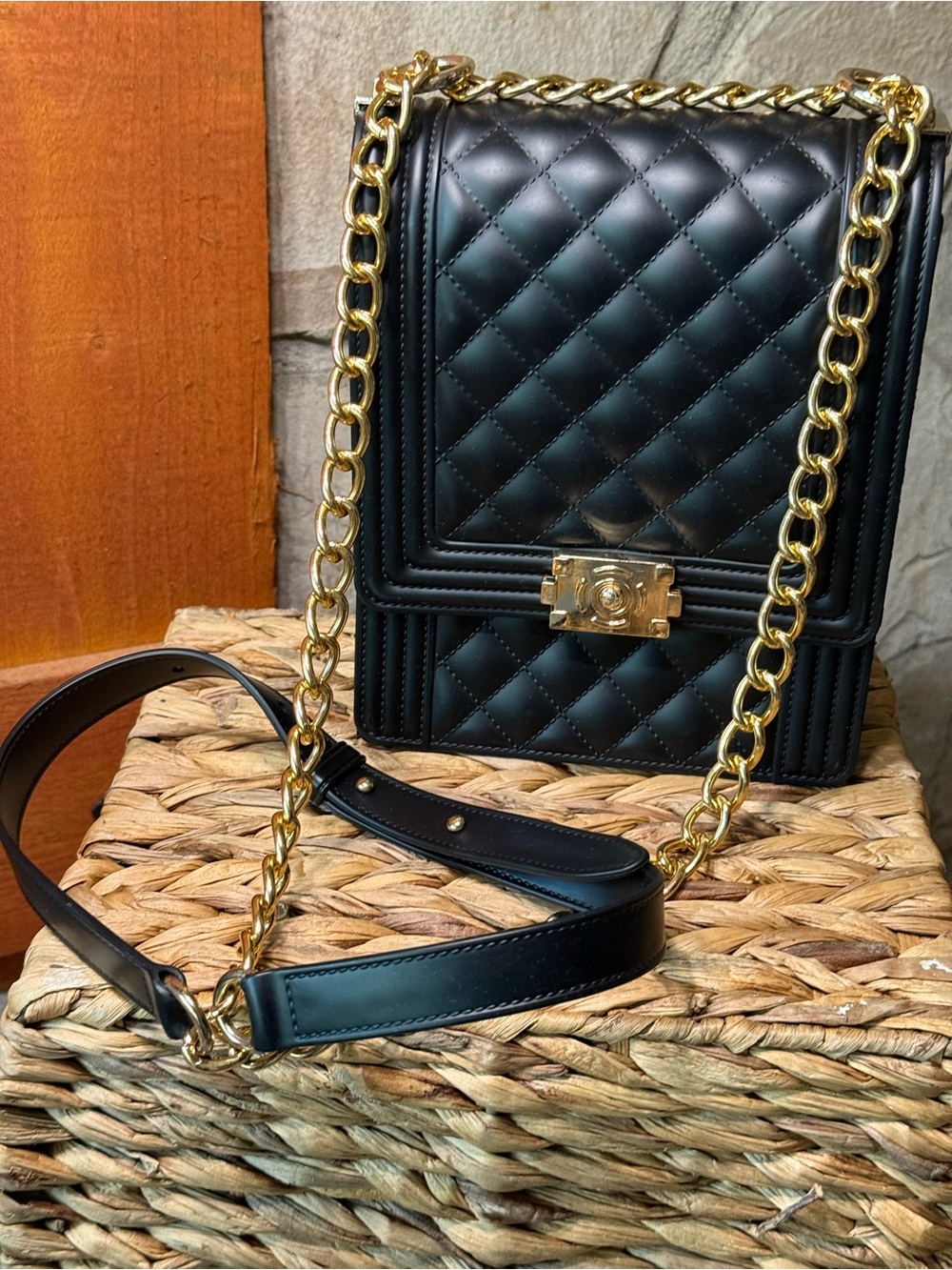 Black Quilted Gold Chain Shoulder Bag